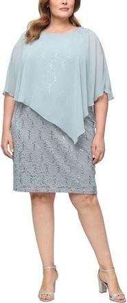 S.L. Fashions Chiffon Capelet Floral Lace Cocktail Dress in Sage at Nordstrom, Size 20W