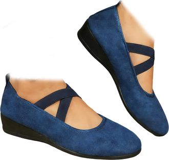 Generic Women Closed Toe Wedge Shoes Faux Suede Mary Jane Flats, Elastic Crisscross Strap Slip-On Low Platform Comfortable Dress Shoes for Work & Daily Walkin