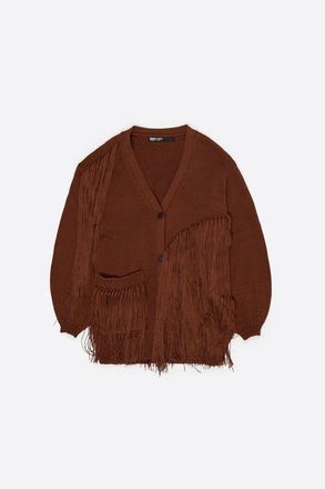 Bimba & Lola Long Fringed Knit Cardigan in Toffee at Nordstrom, Size Large Eu
