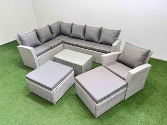 Fimous 9 Seater Garden Outdoor PE Rattan Furniture Set with 2 Big Stools in Light Grey