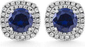 Pompeii3 2.65Ct Cushion Halo Blue Sapphire Diamond Studs 14k White Gold Earring Lab Grown