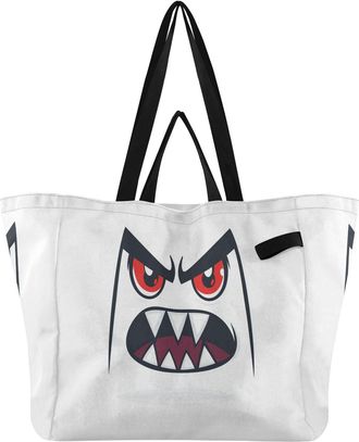 Generic Face White print Reusable Canvas Tote Bag, Heavy Duty Grocery Shopping Bag with Large Capacity Double Handles Hard Bottom Work Groceries Travel