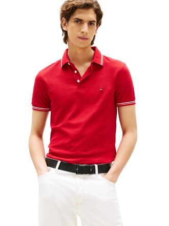 Tommy Hilfiger Mens Short Sleeve Casual Polo Shirts in Slim Fit with Stretch and Cuff Designs, Medium Red, Medium