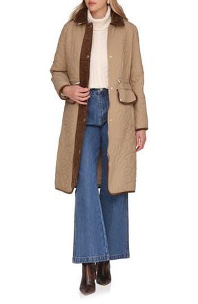 Avec Les Filles Corduroy Trim Hooded Quilted Coat in Fawn at Nordstrom Rack, Size Medium