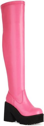 Generic Womens Round Toe High Chunky Heel Platform Over The Knee Stretch Thigh High Fashion Shoes with Side Zipper (5.5,Pink)