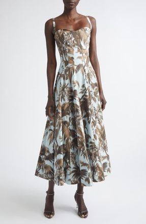 Oscar De La Renta Chin&eacute; Palm Leaves Cotton Poplin Sundress in Brown/Saltwater at Nordstrom, Size 10