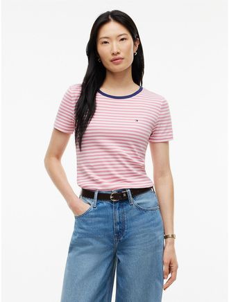Tommy Hilfiger Womens Slim Fit Striped Favorite T-Shirt - Ecru - XL
