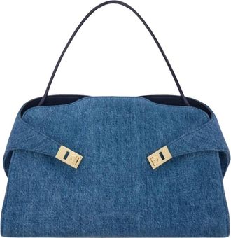 Ferragamo Handbags, female, Blue, Size: ONE SIZE Hug Soft Denim Shoulder Bag
