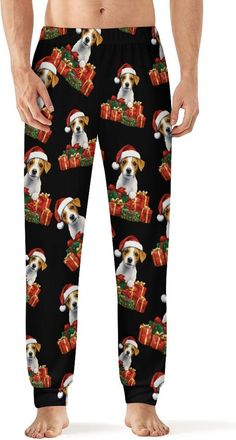 Generic Cute Jack Russell Santa Hat Mens Pajama Pants Soft Loungewear Bottoms Lightweight Sleepwear