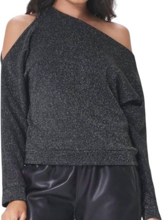 La Made Flavia Terry Off Shoulder Pullover Top In Black Sparkle