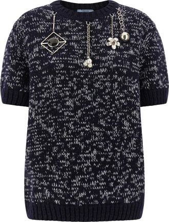 Prada Truien & Vesten, Dames, Blauw, M, Wol, Wol Trui met Ronde Hals en Hanger