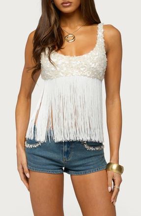 Edikted Petrah Sequin Fringe Bra Top in Cream at Nordstrom, Size X-Small