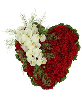 Creative Displays Inc. Red Geranium, Orchid And Fern Heart Arrangement