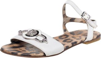 Roberto Cavalli White Leather Embellished Flat Sandals