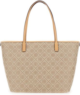 Tory Burch Womens Tote Bag Beige Canvas Cotton