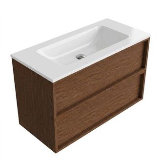 Saniclass Holz Frame Badkamermeubelset - 100x45x77.5cm - Torino solid surface wastafel wit - zonder kraangat - 2 lades - mat walnut pure (hout)