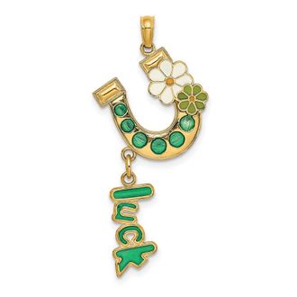 Diamond2Deal 14k Yellow Gold Enameled Horseshoe LUCK Flowers Charm