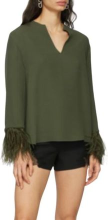 Valentino Garavani Valentino Khaki Silk Blouse with Feather Trim Size M