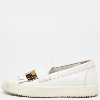 Giuseppe Zanotti White Leather Fringed Slip On Sneakers