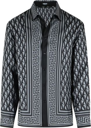 Versace Slim-Hemd aus bedrucktem Seidentwill in Schwarz und Grau