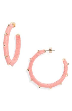 Nordstrom Crystal Accent Raffia Wrapped Hoop Earrings in Pink- Clear- Gold at Nordstrom