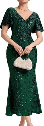 Ever-pretty Womens Sequin Evening Dresses Maxi Bodycon V-Neck Short Sleeves Dark Green 30
