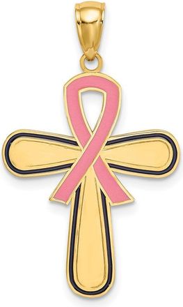Diamond2Deal 14k Yellow Gold Enamel Pink Ribbon Breast Cancer Cross