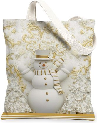 Generic Winter Snow Man Canvas Tote Bags, Festive Snow Man Pattern Reusable Grocery Bags, Vintage Elegant Lightweight Washable Shou, White, 13x15 Inch