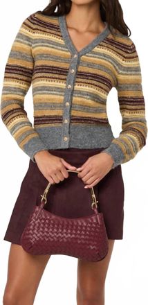 Astr August Striped V-Neck Cardigan In Grey Stripe