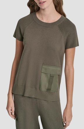 DKNY Satin Pocket Short Sleeve Sweater in City Taupe at Nordstrom, Size Xx-Small