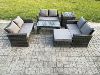 Fimous Rattan Wicker Garden Furniture Patio Conservatory Sofa Set with Coffee Table Double Seater Sofa Big Footstool Side Table in Dark Grey