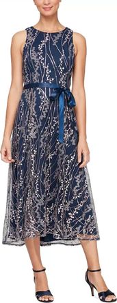 Alex Evenings Embroidered Sleeveless Midi Dress In Blue