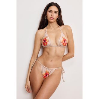 Good American Womens Satin Tiny Ties Bikini Top | Champagne Tropical Hibiscus, Size Medium | Good American by Khlo&Egrave; Kardashian