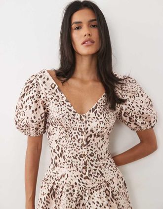 Miss Selfridge Vestito corto in denim con maniche a sbuffo e stampa animalier-Multicolore