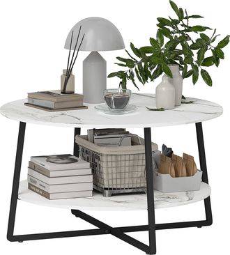 HOMCOM Round Coffee Table with Storage Shelf and Marble Effect Top - White | TJ Hughes