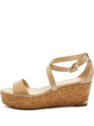 Jimmy Choo London Portia cross-strap wedge-heel espadrilles - women - Patent Calf Leather/Calf Leather/Rubber - 40 - Neutrals