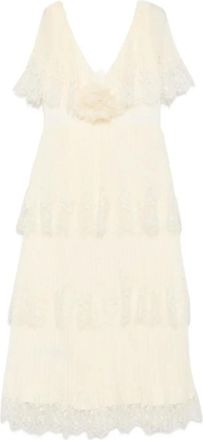 Self Portrait Kleedjes, Dames, Geel, S, Polyester, Gekreukte jurk met kanten rand