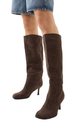 Misspap Faux Suede Square Toe Stiletto Heel Knee Boots, 7, Dark Brown
