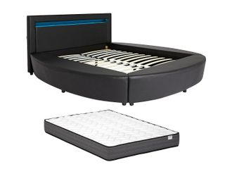 Vente-Unique Cama 160 x 200 cm - Con LEDs - Piel sint&eacute;tica - Negro + Colch&oacute;n - ABULIS III