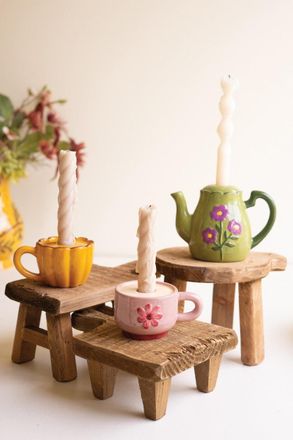 Kalalou Set Of Three Ceramic Teapot & 2 Cups Taper Candle Holders