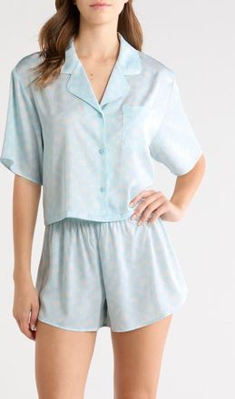 Open Edit Boxy Stretch Satin Short Pajamas in Blue- Ivory Cosette Floral at Nordstrom, Size X-Small