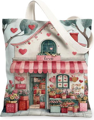 Generic Heart Floral Canvas Tote Bags, Vintage Love Design Reusable Grocery Bags, Lightweight Washable Shoulder Strap for Everyday, Peach, 13x15 Inch