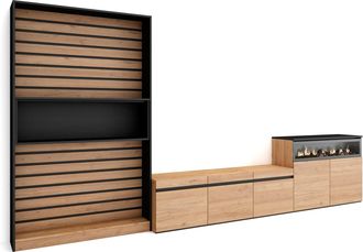Skraut Home Skraut Home - Muebles De Sal&oacute;n Para Tv, Conjunto De Muebles Comedor, 360x186x35cm, Para Tv Hasta 65, Chimenea El&eacute;ctrica, Estilo Moderno, Roble Y Negro