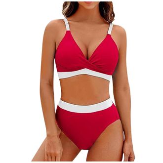 Generic Bikini Sets for Women UK Clearance,High Waisted V Neck Swimsuit Color Block Twist Front Bathing Suits Sexy Swimming Bras Tops with Bikini Shorts Thong