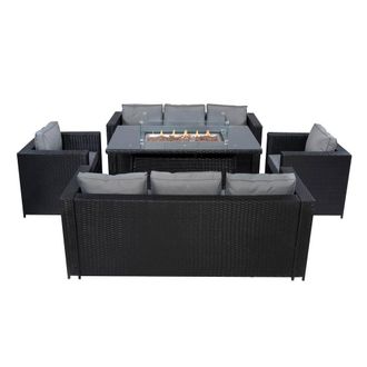 MonsterShop 8 Seater Rattan Furniture Set With Firepit - Black