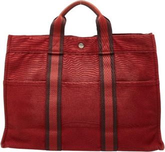 Herm&egrave;s Red Color Canvas Handbag Tote Bag (Pre-Owned)