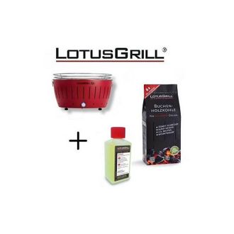Lotus Grill Barbecue Rosso XL con Batterie e Cavo di Alimentazione USB + 1Kg di Carbonella di Faggio + Gel Combustibile Inodore per Barbecue 200ml -Lotus Grill