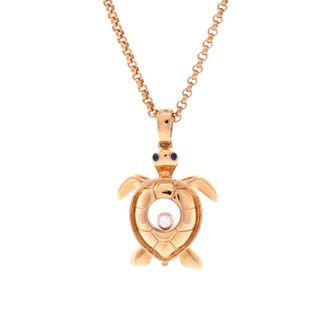 Chopard Happy Turtle Pendant Necklace 18K Rose Gold with Blue Sapphires and 1 Floating Diamond