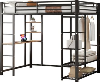 STILVORA Cama Alta 2 Plazas Con Escritorio, Perchero Y Estantes 140 X 200 Cm, Sin Colchon, Metal, Negro