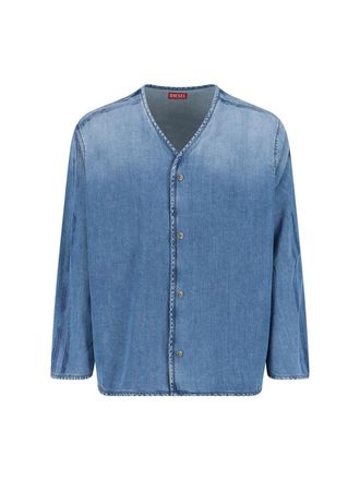 Diesel Denim Shirt With V-Neckline And Bold Back Graphic